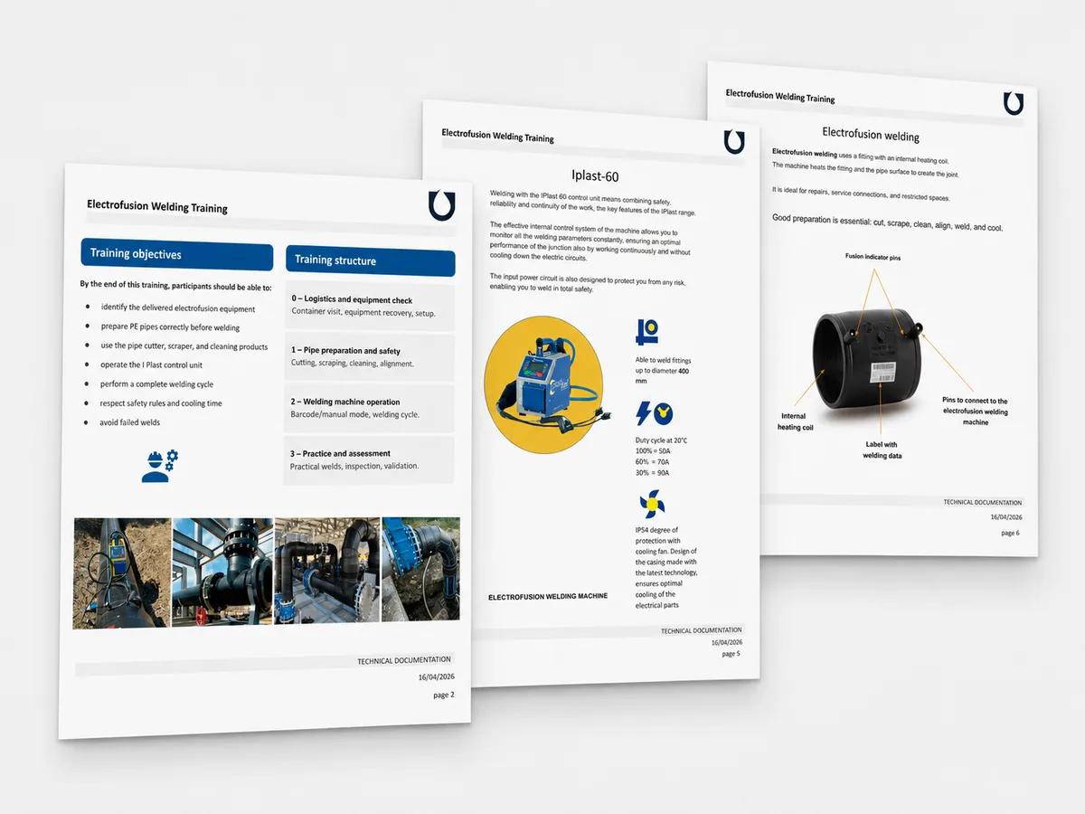 Mockup of electrofusion welding training documentation and practical manuals
